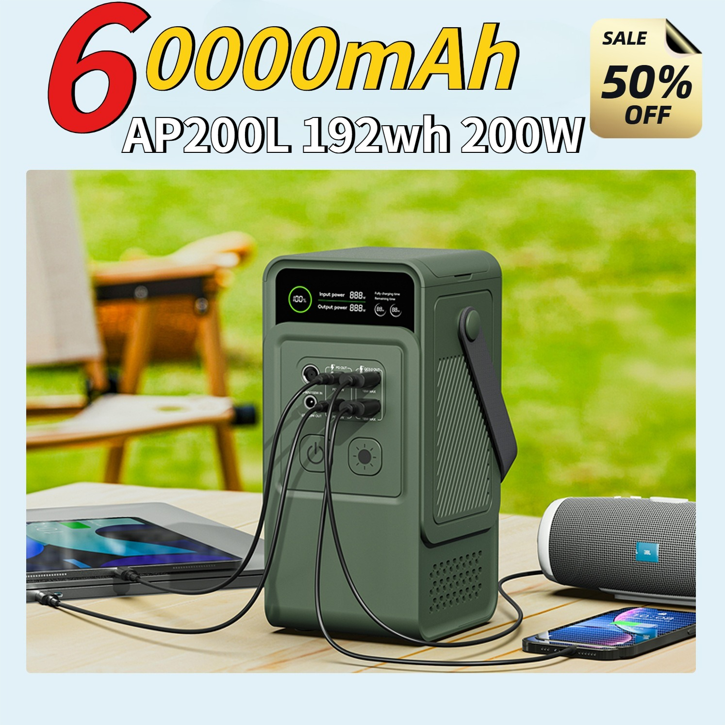 Portable Generator Inverter - 60000mAh 200W 192Wh Camping Power Station